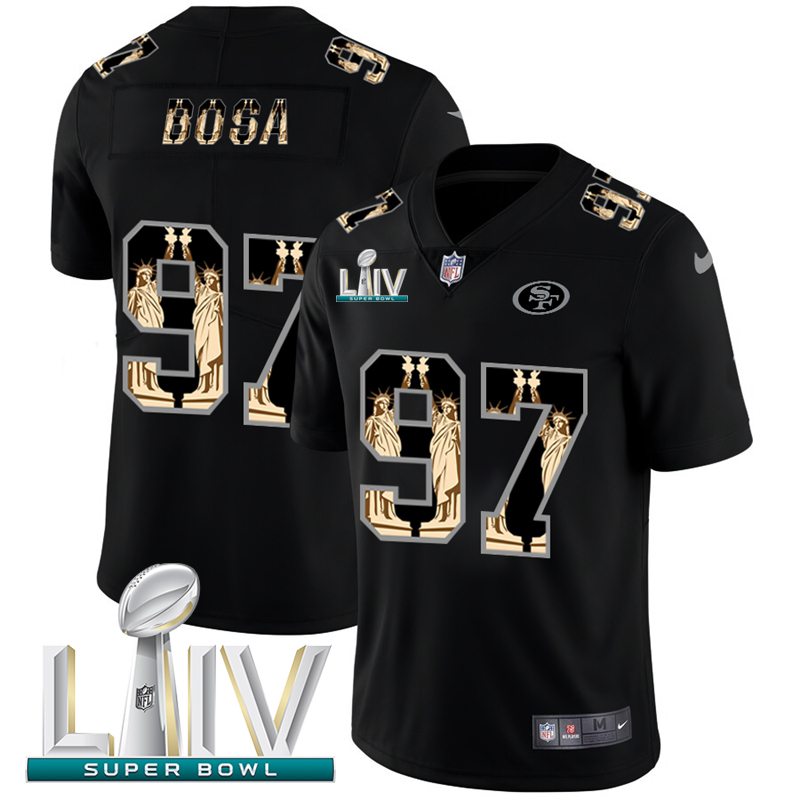 San Francisco 49ers #97 Nick Bosa Carbon Black Super Bowl LIV 2020 Vapor Statue Of Liberty Limited Jersey