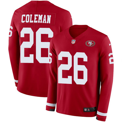 San Francisco 49ers #26 Tevin Coleman Red Team Color Men's Stitched Limited Therma Long Sleeve Jersey Men's