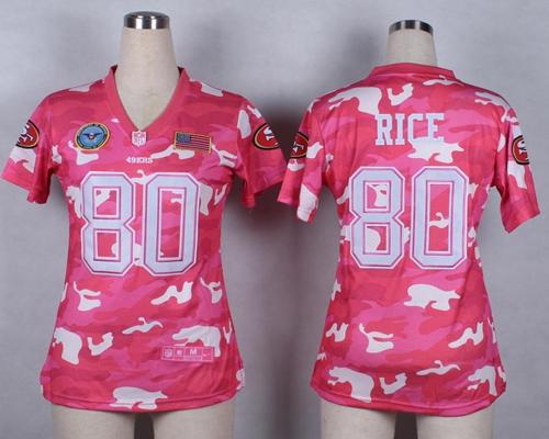 49ers #80 Jerry Rice Pink Women's Stitched Elite Camo Fashion Jersey