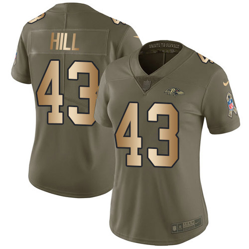 Baltimore Ravens #43 Justice Hill Olive/Gold Women's Stitched Limited 2017 Salute To Service Jersey Womens