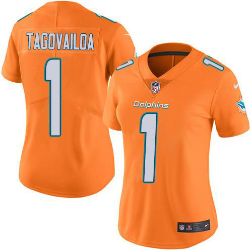 Dolphins #1 Tua Tagovailoa Orange Women's Stitched Limited Rush Jersey
