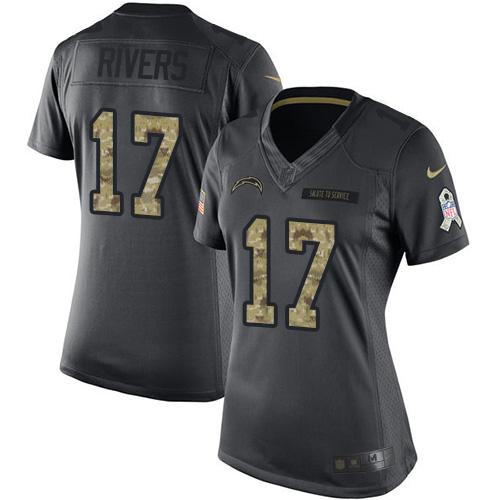Los Angeles Chargers #17 Philip Rivers Black Women's Stitched Limited 2016 Salute to Service Jersey Womens