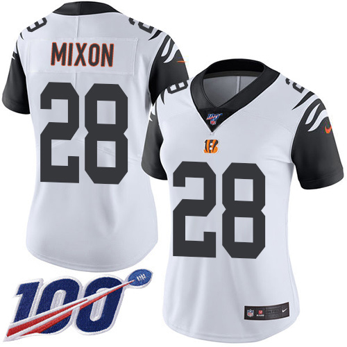 Bengals #28 Joe Mixon White White Women's Stitched Limited Rush 100th Season Jersey