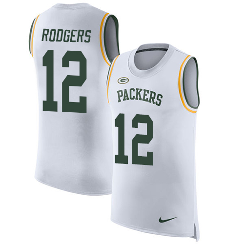 Packers #12 Aaron Rodgers White Men's Stitched Limited Rush Tank Top Jersey