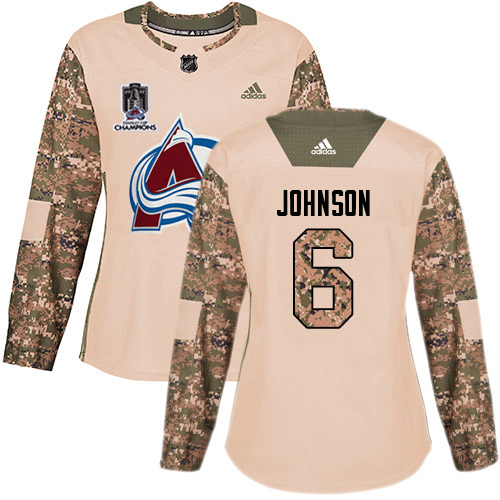 Adidas Colorado Avalanche #6 Erik Johnson Camo Authentic Women's 2022 Stanley Cup Champions Veterans Day Stitched Jersey Womens