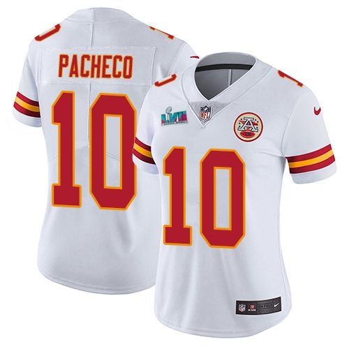 Chiefs #10 Isiah Pacheco White Super Bowl LVII Patch Women's Stitched Vapor Untouchable Limited Jersey