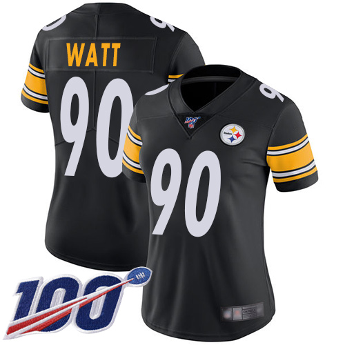 Steelers #90 T. J. Watt Black Team Color Women's Stitched 100th Season Vapor Limited Jersey