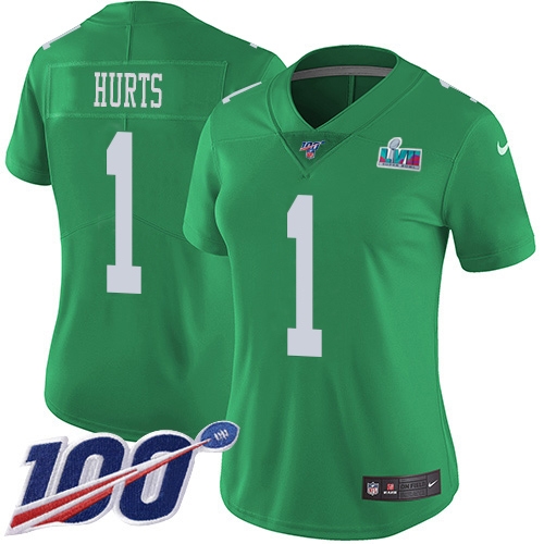 Eagles #1 Jalen Hurts Green Super Bowl LVII Patch Women's Stitched Limited Rush 100th Season Jersey