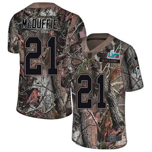 Chiefs #21 Trent McDuffie Camo Super Bowl LVII Patch Men's Stitched Limited Rush Realtree Jersey