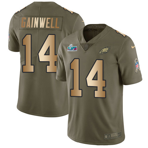 Eagles #14 Kenneth Gainwell Olive/Gold Super Bowl LVII Patch Youth Stitched Limited 2017 Salute To Service Jersey