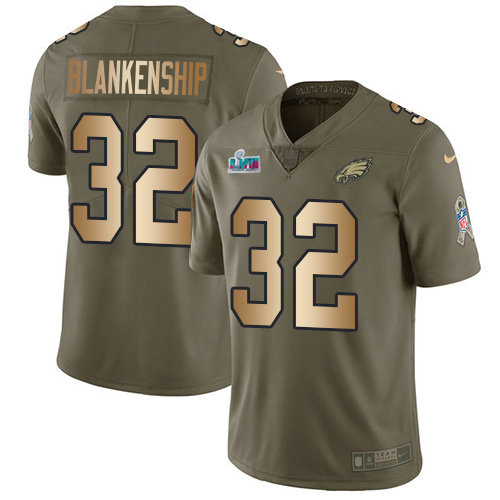 Eagles #32 Reed Blankenship Olive/Gold Super Bowl LVII Patch Men's Stitched Limited 2017 Salute To Service Jersey