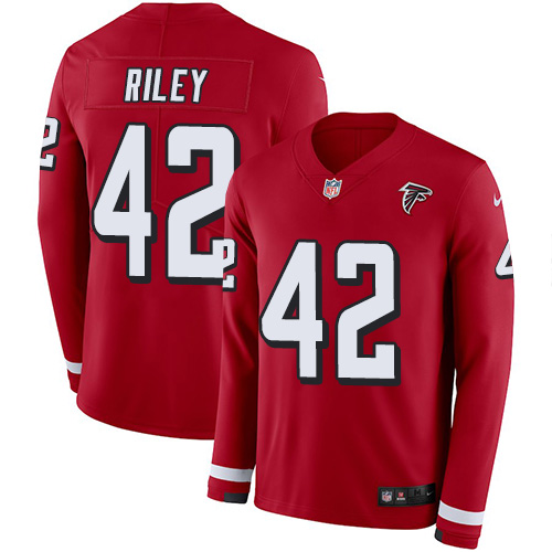 Atlanta Falcons #42 Duke Riley Red Team Color Men's Stitched Limited Therma Long Sleeve Jersey Men's