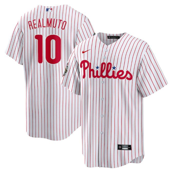 Philadelphia Phillies #10 J.T. Realmuto White 2022 World Series Cool Base Stitched Men's Jersey