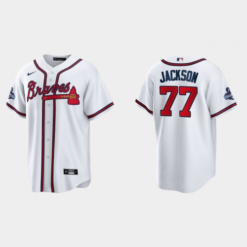 Atlanta Atlanta Braves #77 Luke Jackson Men's 2021 World Series Champions Patch Authentic Player Jersey - White Men's