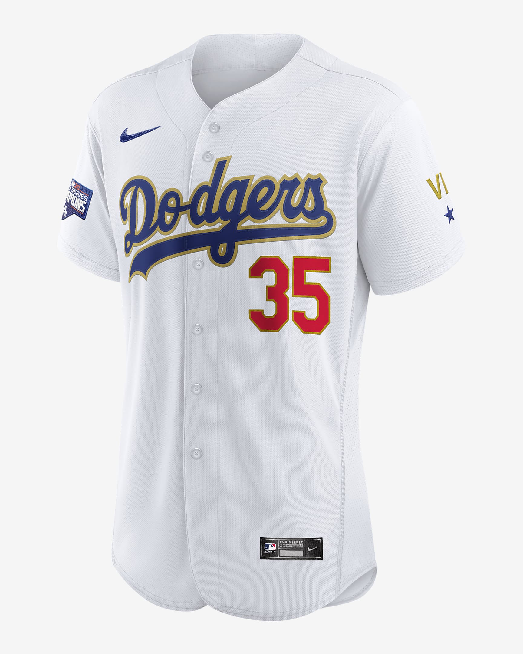 Los Angle Dodgers #35 Cody Bellinger Men's White 2020 World Series Champions Gold Authentic Baseball Jersey