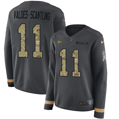 Chiefs #11 Marquez Valdes-Scantling Anthracite Salute To Service Women's Stitched Limited Therma Long Sleeve Jersey