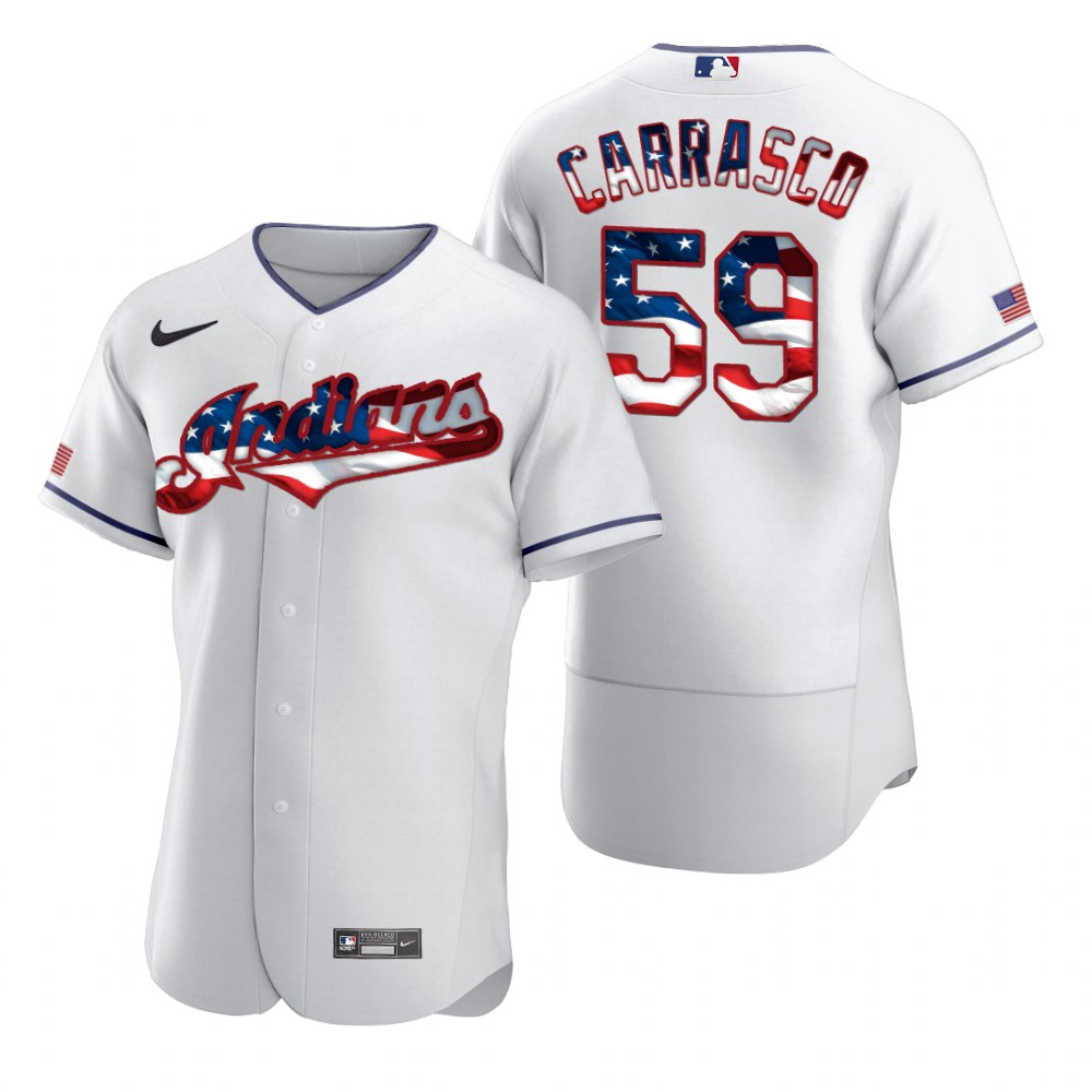Cleveland Guardians #59 Carlos Carrasco Men's White Fluttering USA Flag Limited Edition Authentic Jersey