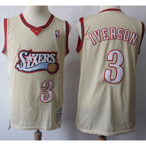 Mitchell And Ness Philadelphia 76ers #3 Allen Iverson Cream Throwback Stitched Jersey Mens