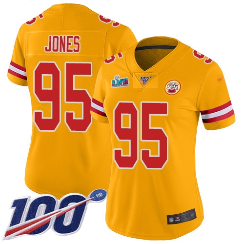 Chiefs #95 Chris Jones Gold Super Bowl LVII Patch Women's Stitched Limited Inverted Legend 100th Season Jersey