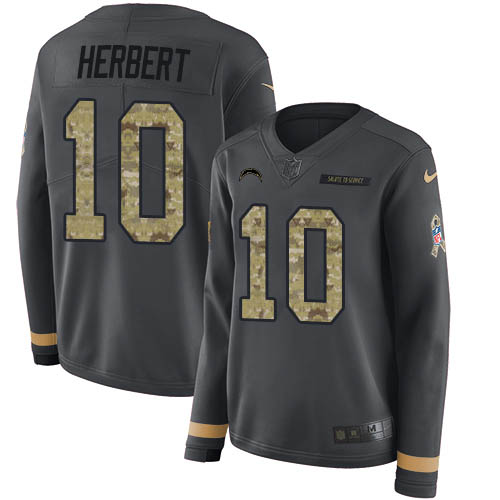 Chargers #10 Justin Herbert Anthracite Salute To Service Women's Stitched Limited Therma Long Sleeve Jersey