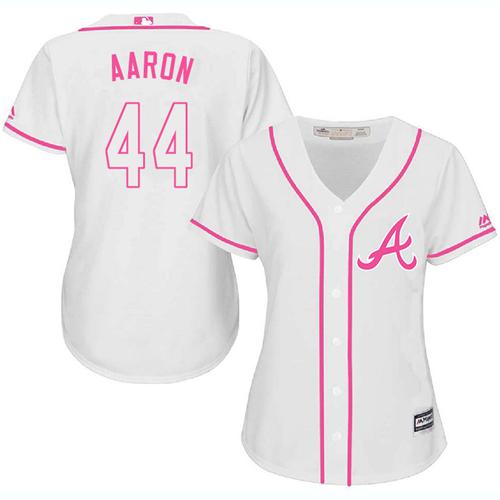 Atlanta Braves #44 Hank Aaron White/Pink Fashion Women's Stitched Jersey Womens