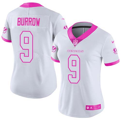 Bengals #9 Joe Burrow White/Pink Women's Stitched Limited Rush Fashion Jersey