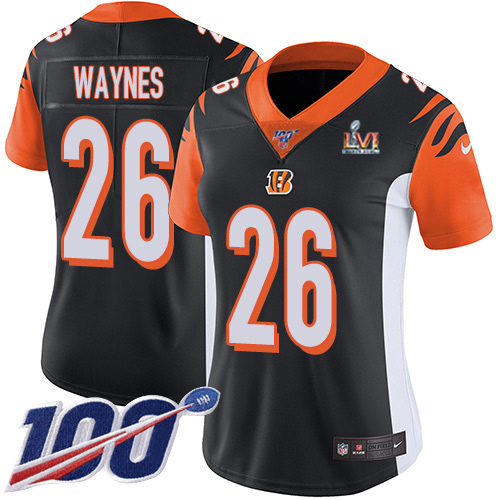 Cincinnati Bengals #26 Trae Waynes Black Team Color Super Bowl LVI Patch Women's Stitched 100th Season Vapor Untouchable Limited Jersey Womens
