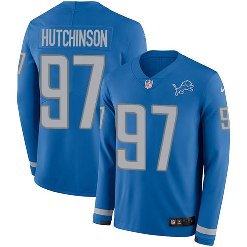 Lions #97 Aidan Hutchinson Blue Team Color Men's Stitched Limited Therma Long Sleeve Jersey