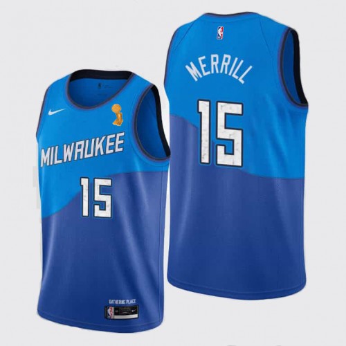 Milwaukee Bucks #15 Sam Merrill Youth 2021 Finals Champions City Edition Jersey Blue Youth