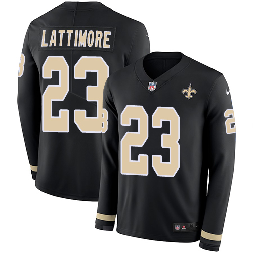 New Orleans Saints #23 Marshon Lattimore Black Team Color Men's Stitched Limited Therma Long Sleeve Jersey Men's