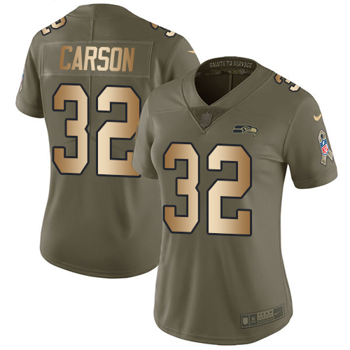 Seattle Seahawks #32 Chris Carson Olive/Gold Women's Stitched Limited 2017 Salute to Service Jersey Womens