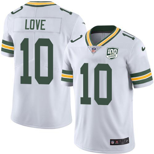 Packers #10 Jordan Love White Youth 100th Season Stitched Vapor Untouchable Limited Jersey