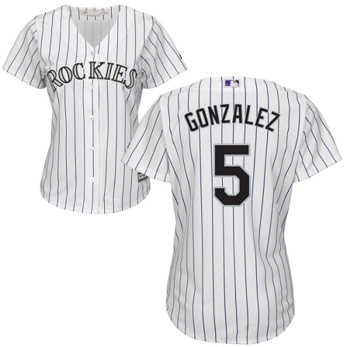 Colorado Rockies #5 Carlos Gonzalez White Strip Home Women's Stitched Jersey Womens