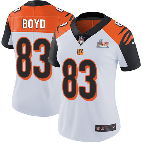 Bengals #83 Tyler Boyd White Super Bowl LVI Patch Women's Stitched Vapor Untouchable Limited Jersey