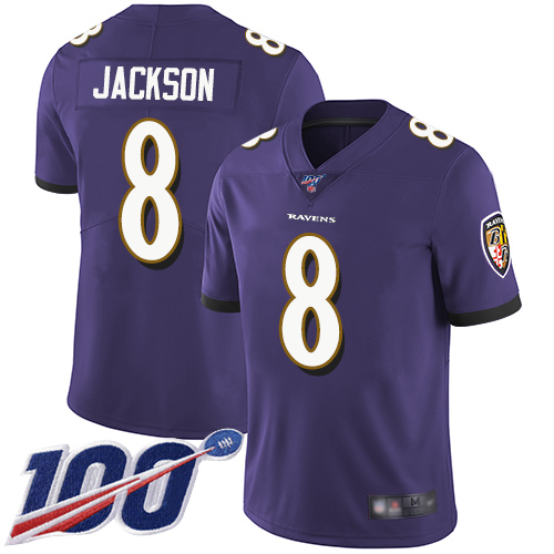 Ravens #8 Lamar Jackson Purple Team Color Men's Stitched 100th Season Vapor Limited Jersey