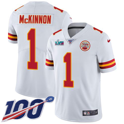 Chiefs #1 Jerick McKinnon White Super Bowl LVII Patch Youth Stitched 100th Season Vapor Limited Jersey