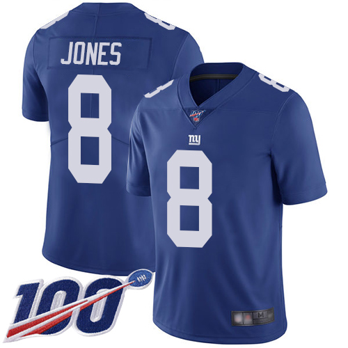 Giants #8 Daniel Jones Royal Blue Team Color Men's Stitched 100th Season Vapor Limited Jersey