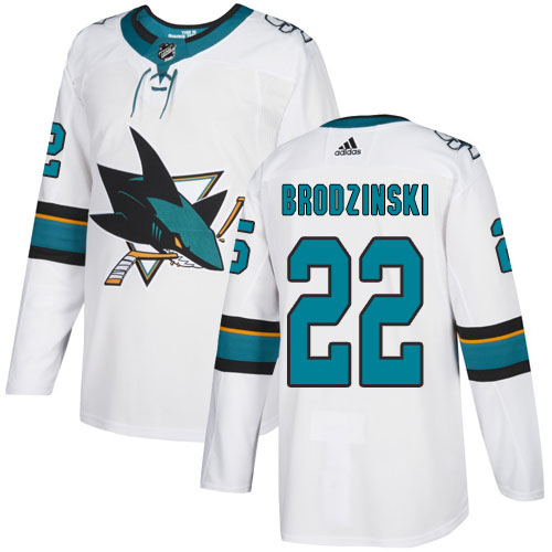 Adidas San Jose Sharks #22 Jonny Brodzinski White Road Authentic Stitched Youth Jersey Youth