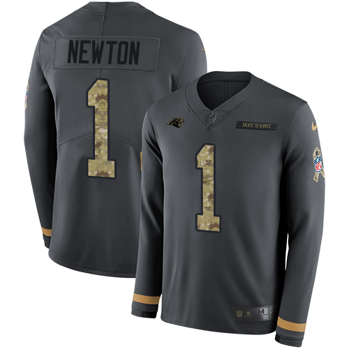 Carolina Panthers #1 Cam Newton Anthracite Salute to Service Men's Stitched Limited Therma Long Sleeve Jersey Men's