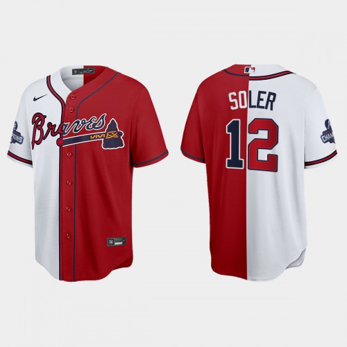 Atlanta Atlanta Braves #12 Jorge Soler Men's 2021 World Series Champions Split Red White Stitched Jersey Men's