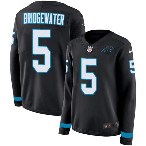 Carolina Panthers #5 Teddy Bridgewater Black Team Color Women's Stitched Limited Therma Long Sleeve Jersey Womens