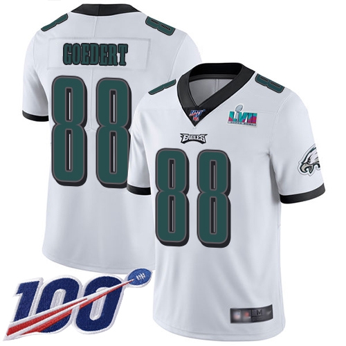 Eagles #88 Dallas Goedert White Super Bowl LVII Patch Youth Stitched 100th Season Vapor Limited Jersey