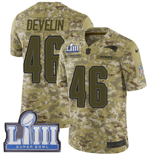 New England Patriots #46 James Develin Camo Super Bowl LIII Bound Youth Stitched Limited 2018 Salute to Service Jersey Youth
