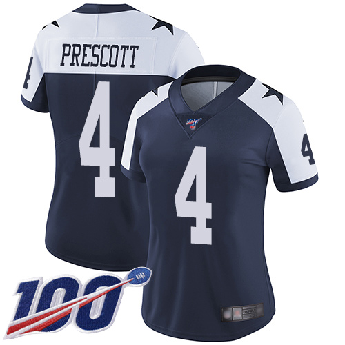 Cowboys #4 Dak Prescott Navy Blue Thanksgiving Women's Stitched 100th Season Vapor Throwback Limited Jersey