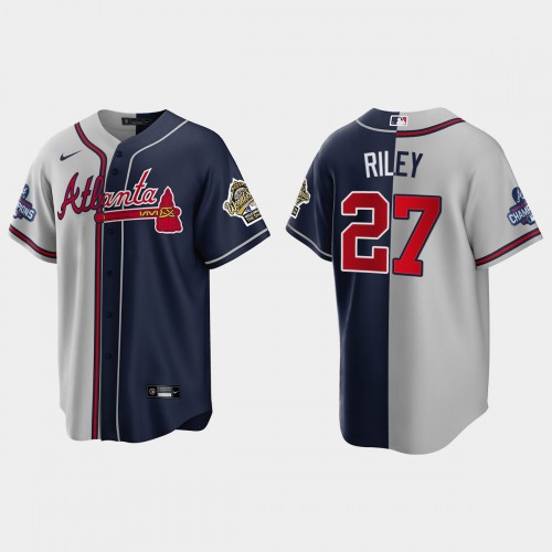 Atlanta Atlanta Braves #27 Austin Riley Men's 2021 World Series Champions 1995 Throwback Split Gray Navy Stitched Jersey Men's