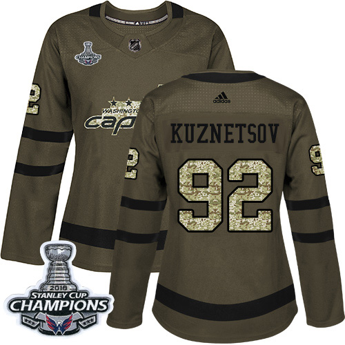 Adidas Washington Capitals #92 Evgeny Kuznetsov Green Salute to Service Stanley Cup Final Champions Women's Stitched Jersey Womens