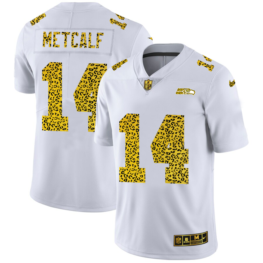 Seattle Seahawks #14 DK Metcalf Men's Flocked Leopard Print Vapor Limited Jersey White
