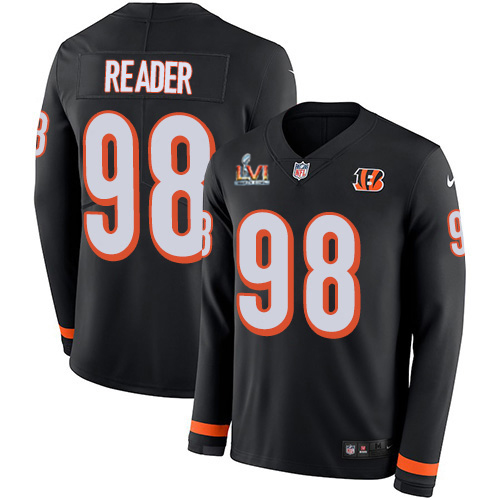 Cincinnati Bengals #98 D.J. Reader Black Team Color Super Bowl LVI Patch Youth Stitched Limited Therma Long Sleeve Jersey Youth