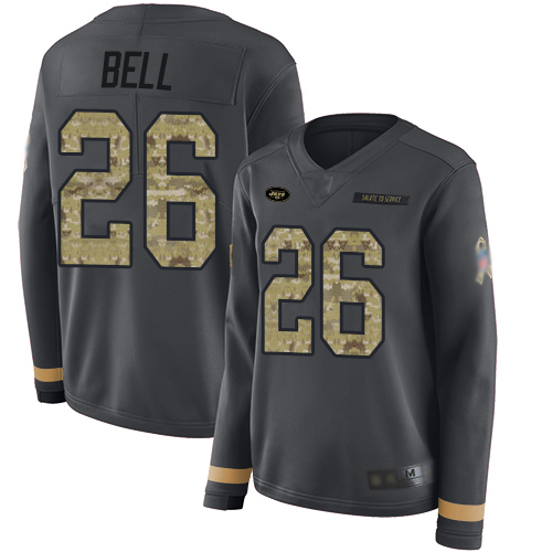New York Jets #26 Le'Veon Bell Anthracite Salute to Service Women's Stitched Limited Therma Long Sleeve Jersey Womens
