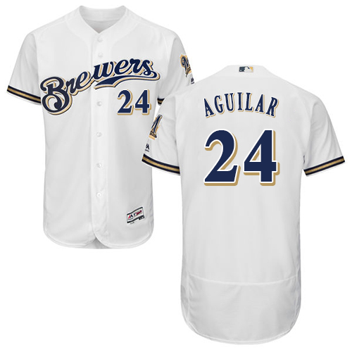 Milwaukee Brewers #24 Jesus Aguilar White Flexbase Authentic Collection Stitched Jersey Men's